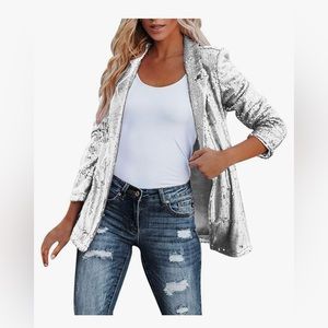 Sequin Jackets for Women Long Sleeve Open Front Glitter Cropped Blazer Coat